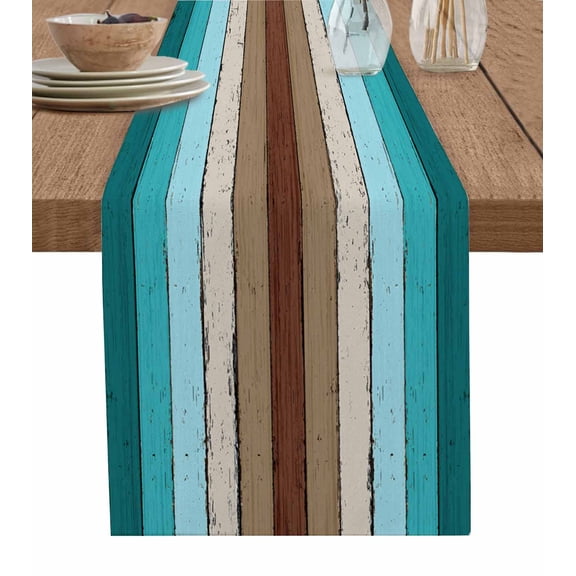 Boanket Aqua Teal Table Runner - 72 Inch Long, Kitchen Dining Table Runner Dresser Scarves, Farmhouse Wood Grain Vintage Brown Striped Farmhouse Home Decor for Coffee Table Wedding Party Banquet