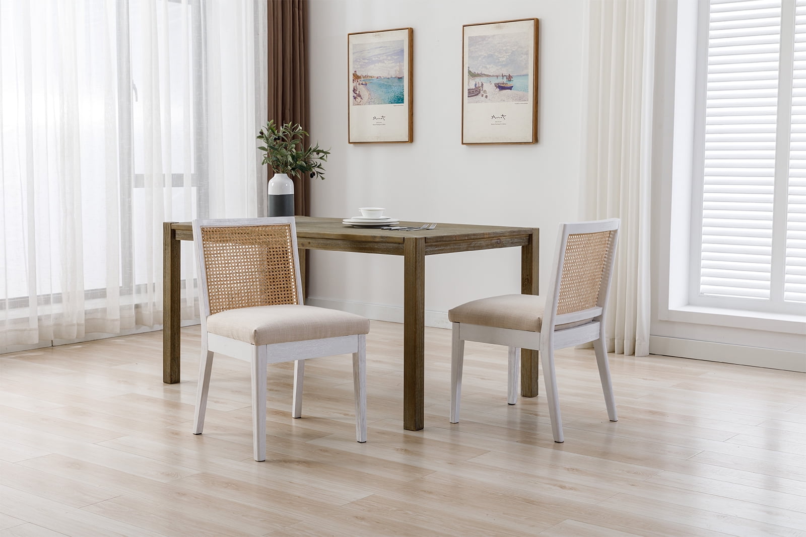 Dayalane Farmhouse Rattan Dining Chairs Set of 2, Mid Century Modern Dining Side Chairs with White Hardwood Frame, Linen Upholstered French Country Kitchen Chairs for Dining Room Bistro, Beige