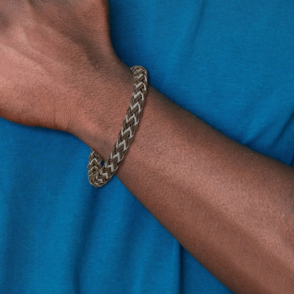 Diamond2Deal Stainless Steel Brushed Braided Wire and Brown Rubber Bracelet for Men 8.5"