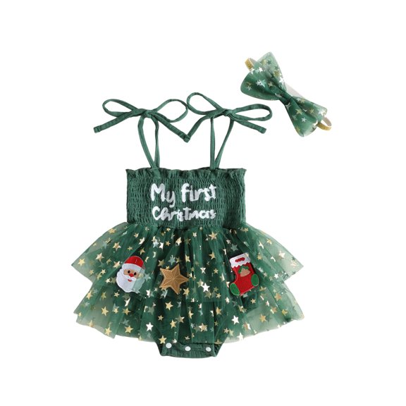 RUINIXCW Newborn Baby Girl My First Christmas Outfit Xmas Romper Dress Infant Girl Strap Sleeveless Smocked Patchwork Tulle Tutu Dress Headband