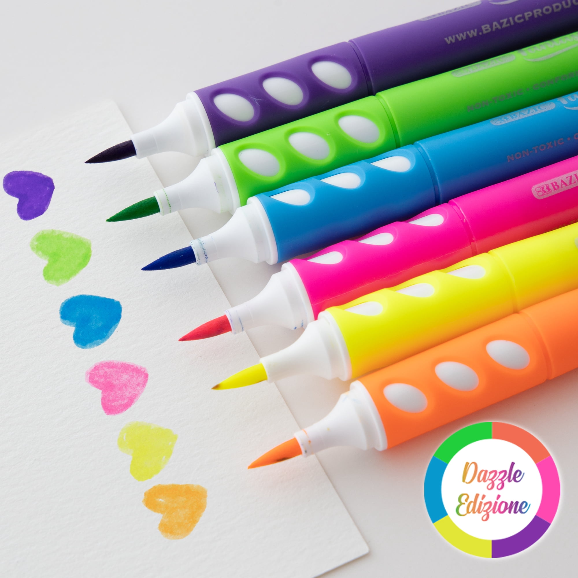 BAZIC Brush Markers 6 Neon Colors, Fine Line Washable Coloring Marker (6/Pack), 24-Packs