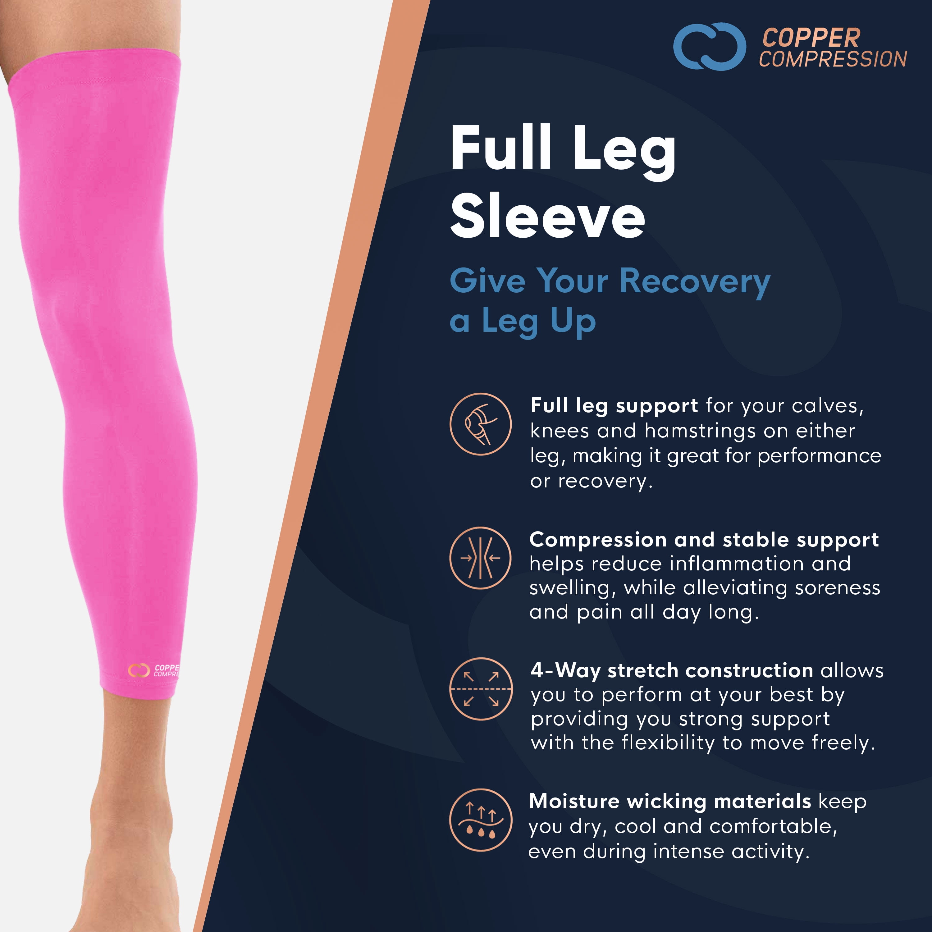 Copper Compression Leg Compression Sleeve - Copper Infused Knee Stabilizer Brace for Running, Meniscus Tear, ACL, MCL, Arthritis, Joint Pain Relief - Thigh & Calf Support for Men & Women - Pink - L