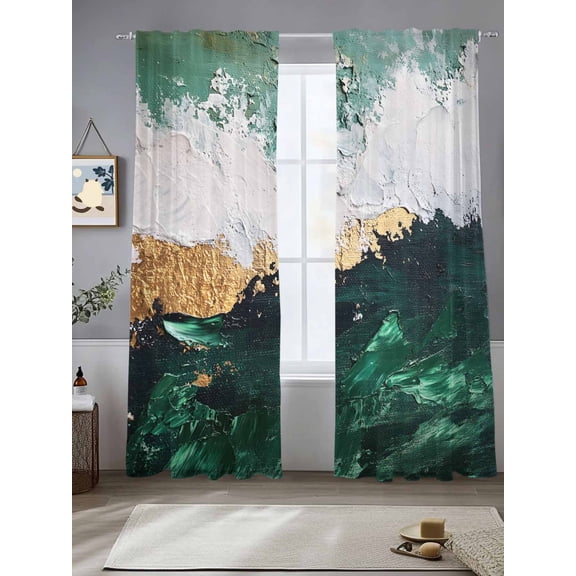 Dark Green Sheer Curtains 84 Inches Long 2 Panels White Wave Texture Abstract Oil Painting Style Light Filtering Semi Sheer Window Curtains Drapes for Bedroom Living Room 52"x84"