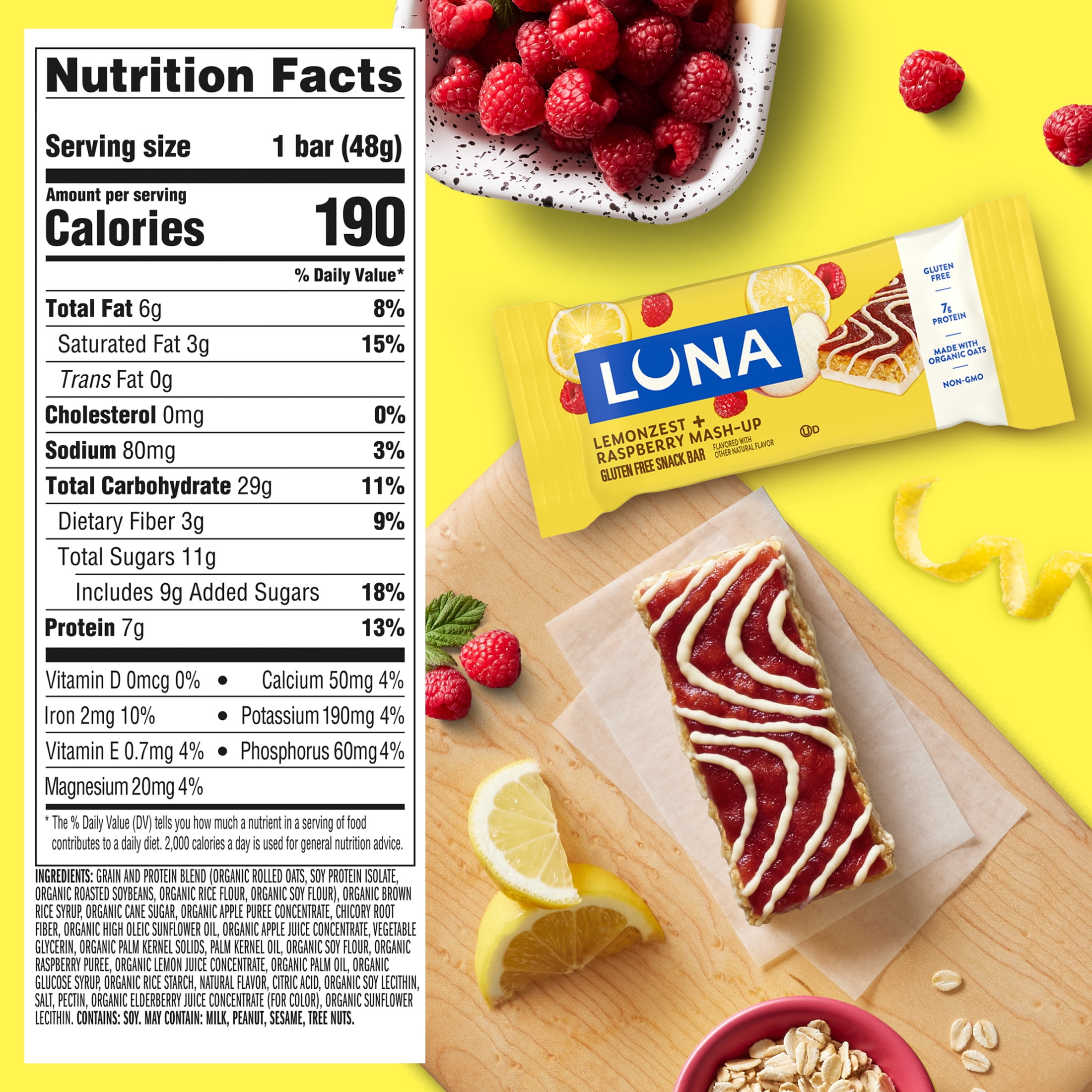 (3 pack) LUNA LemonZest + Raspberry Flavor Gluten Free Snack Bars, Protein Bars, Mother's Day Gift, 6 count