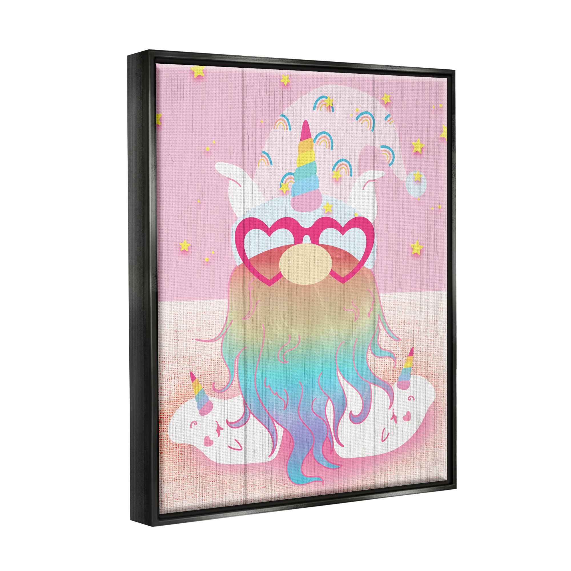 Stupell Pink Rainbow Unicorn Gnome Fairy Tales & Fantasy Painting Black Floater Framed Art Print Wall Art