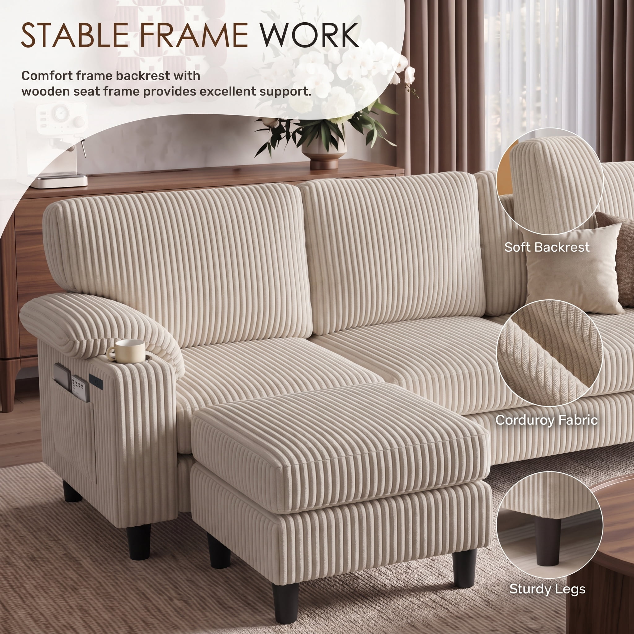 Xiweot 80" L Shaped Sectional Sofa, 3 Seater Convertible Couch with Storage Ottoman, Charging Ports & Cup Holders, Corduroy Comfy Upholstered Sofa for Living Room Apartment, Beige
