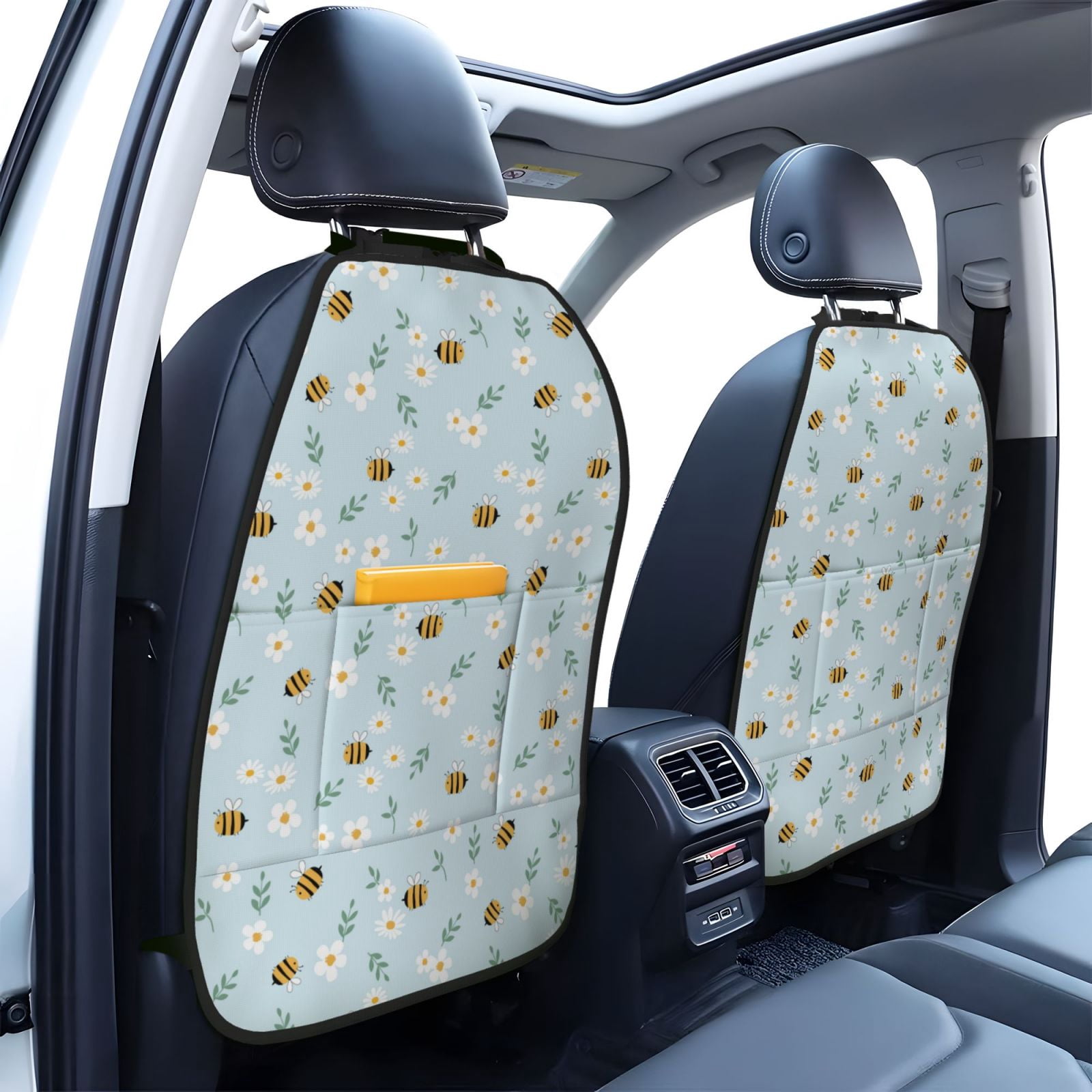 Kdxio Bee Flower Print 2 Pack Car Kick Mat Seat Cover Back Protector Mat with Pockets for Organizer Backseat Protector and Storage Anti Kick Pad for Vehicles