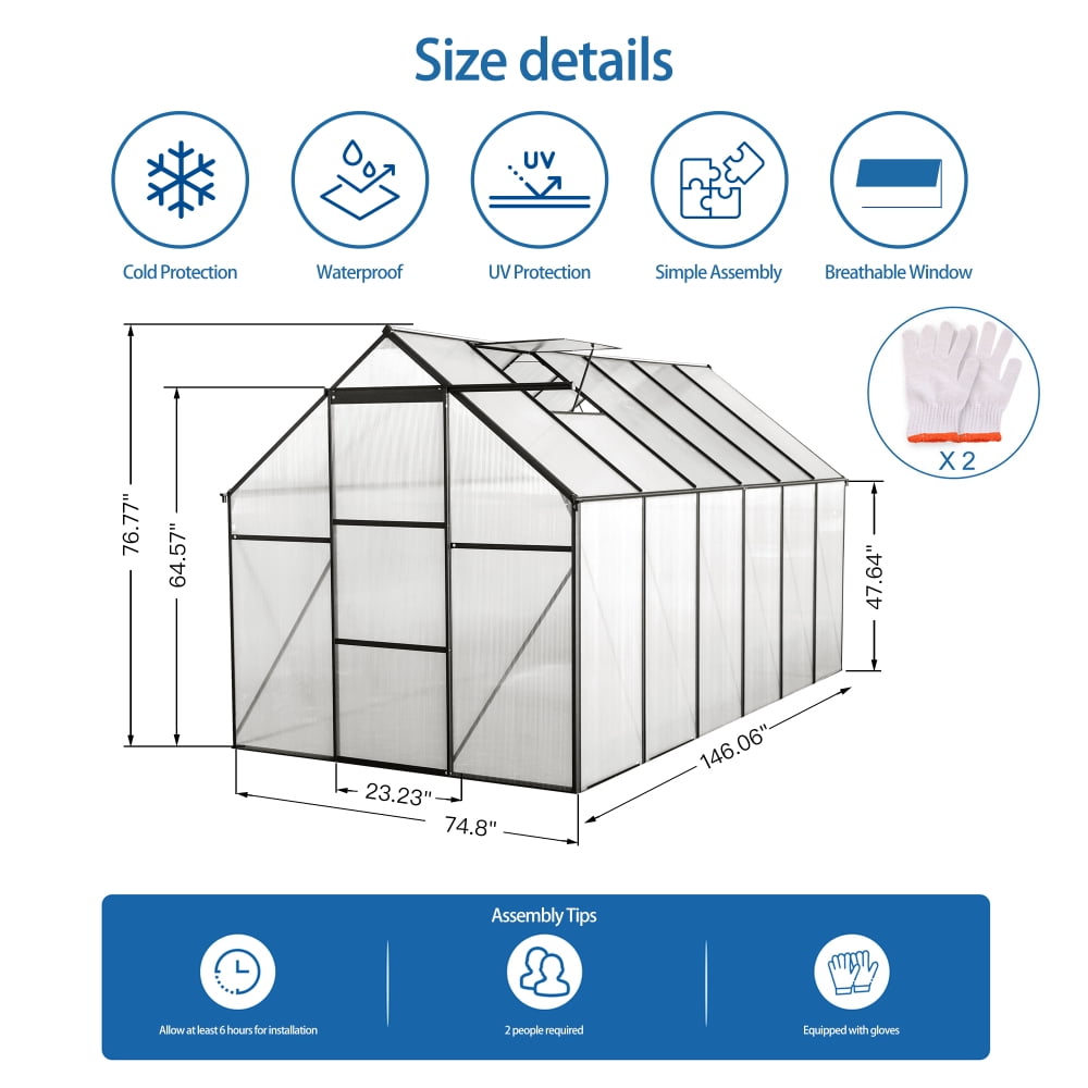 6x12 FT Walk-In Greenhouse Black - Aluminum Frame with Raised Base & All-Season Durability