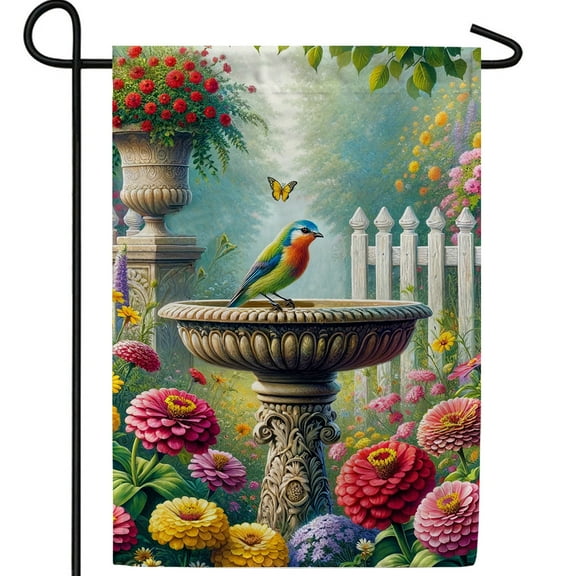America Forever Birdbath Spring Garden Flag, 12.5x18 inch Double Sided, Fountain and Colorful Bird, Floral Spring Summer Outdoor Lawn Decor, Small Decorative Yard Flags
