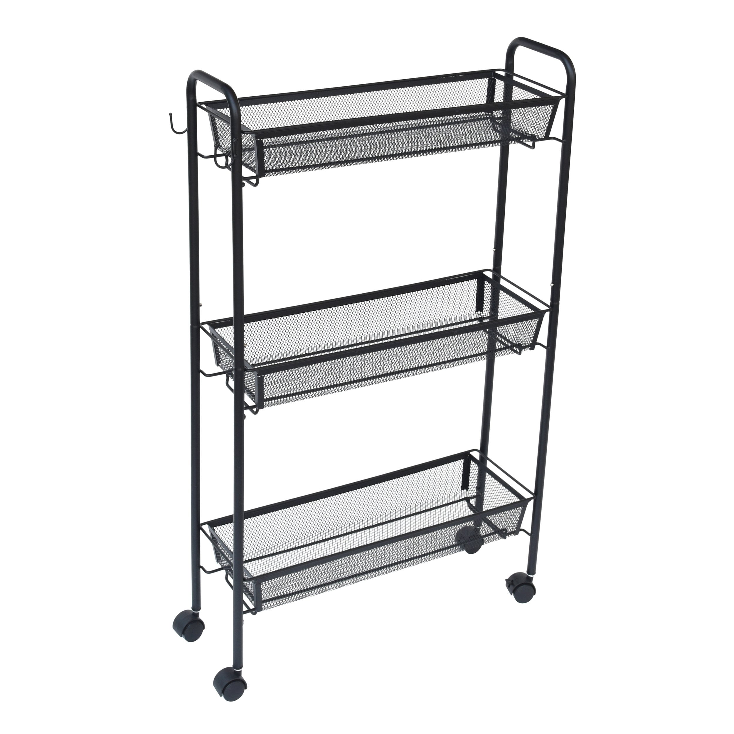 Mainstays Slim 3-Tier Rolling Bathroom Storage Cart with Hooks, Black