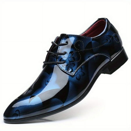 

SHZHRUKUNSHM Stylish Men‘s Wear-resistant Anti-skid Lace-up Dress Shoes with Flower Pattern in Faux Patent Leather for Business Office Attire