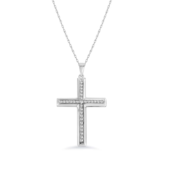 Women's Cross Pendant with Chain 1/4 Ct Round Cut Diamond Pendant 10K White Gold