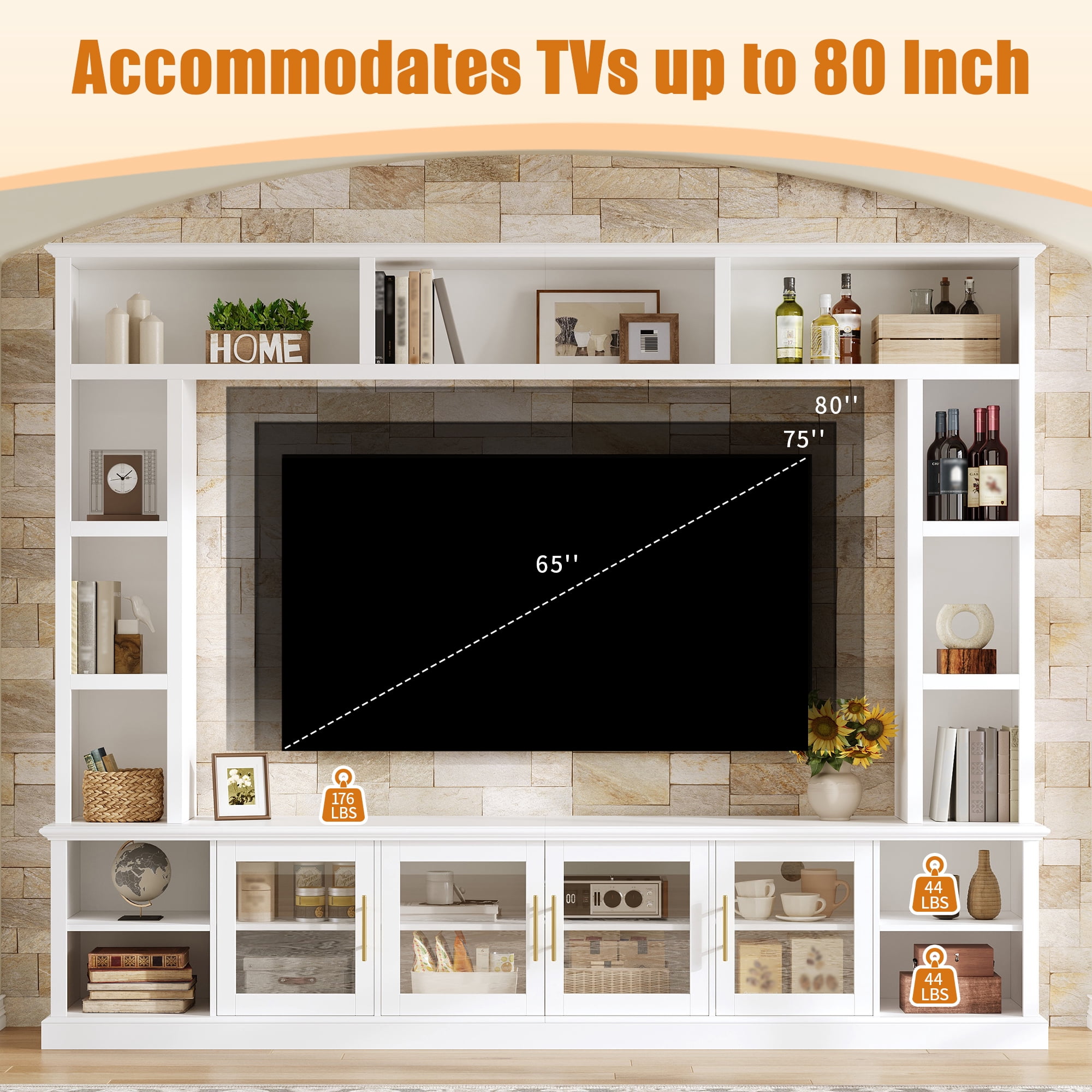 Euroco Entertainment Center Wall Unit for TVs up to 80", All-in-One Modern Entertainment Center with Bookshelves & Tempered Glass Doors, TV Console Unit with Shelving for Living Room, Entertainment