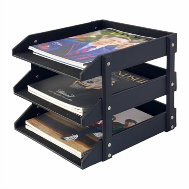 UnionBasic 3-Layer Document Paper Letter Tray, Faux Leather Desktop File Sorter Organizer Tray, Black