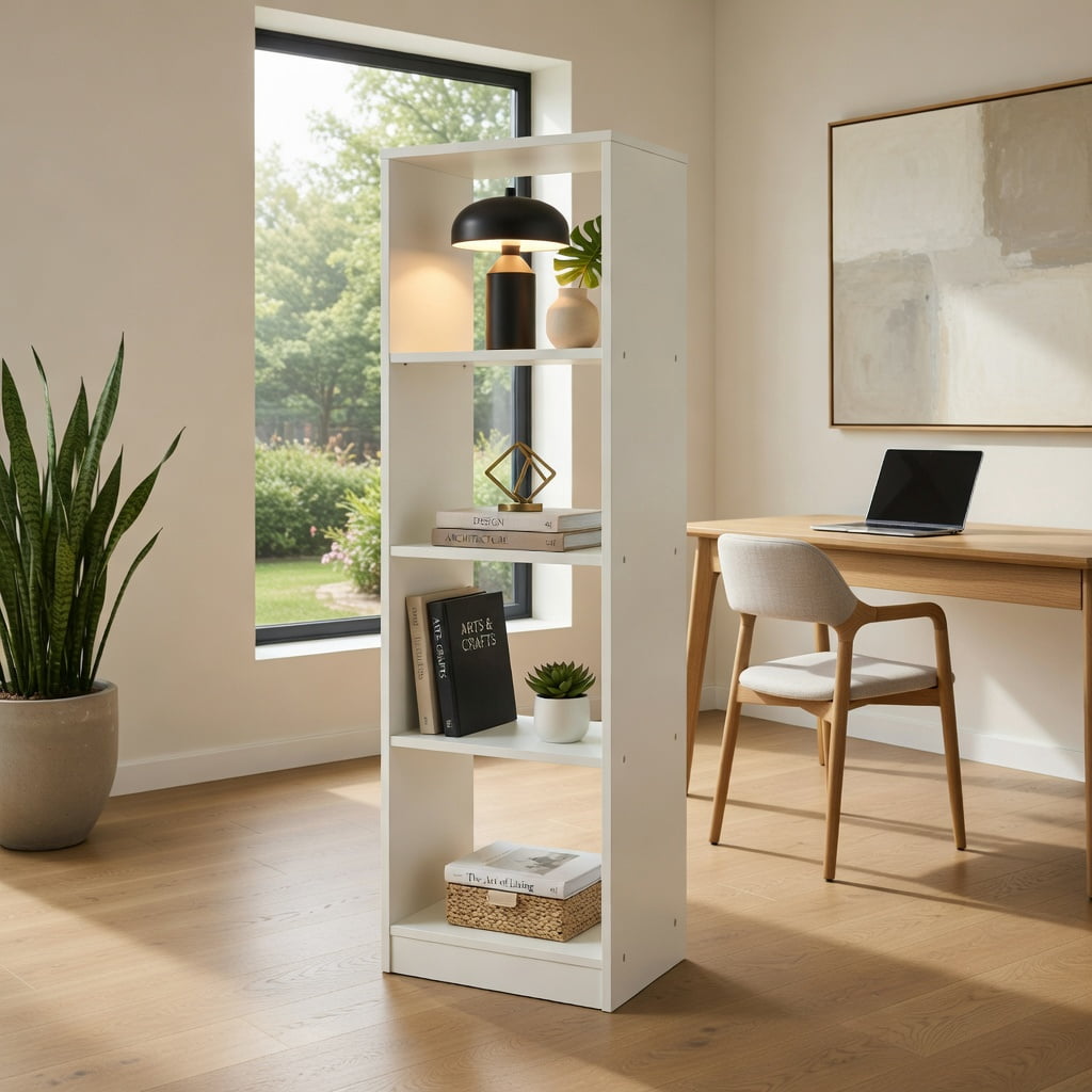 Spaco 5 Tiers 4-Cube Narrow Bookshelf with 4 Anti-Tipping Kits-White, Tall Bookshelf, Shelves for Living Room, Home Office, Bedroom, Balcony