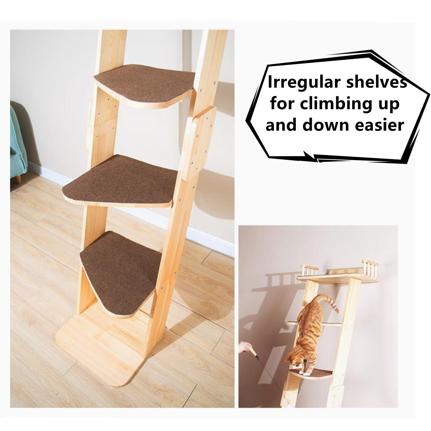Modern 70" Tall 6 Level Leaning Cat Climbing Ladder Tree Tower Condo With Large Perch Platform For Window Wall  Solid Wood Furniture Shelves Multiple Cats