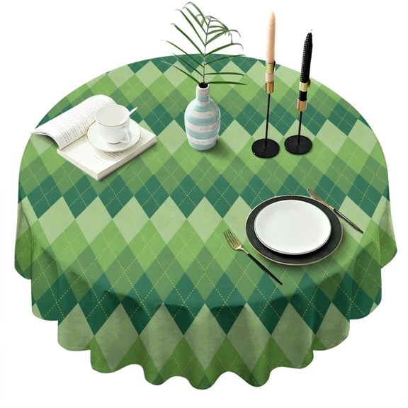 Green Argyle Pattern Round Tablecloth 60"x60",Wrinkle Wipeable Table Cloth for Kitchen Dining Room Picnic Patio Party