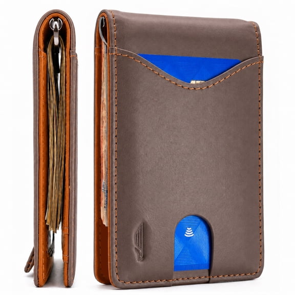 POCKT Men's Slim Bifold Wallet with Money Clip – Genuine Leather, RFID Blocking, Front Pocket Card Holder, Taupe