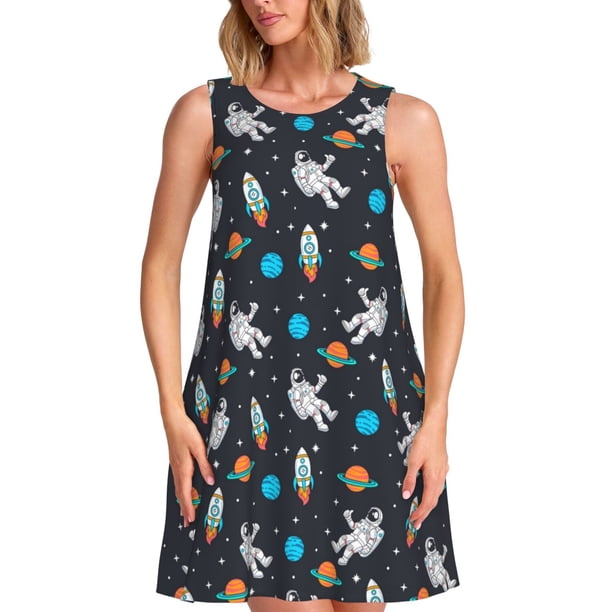 Fotbe Space Vestido de Verano sin Mangas para Mujer – Vestido Midi Línea A, Estilo Camiseta Floral, Vestido Playero Casual y Fluido