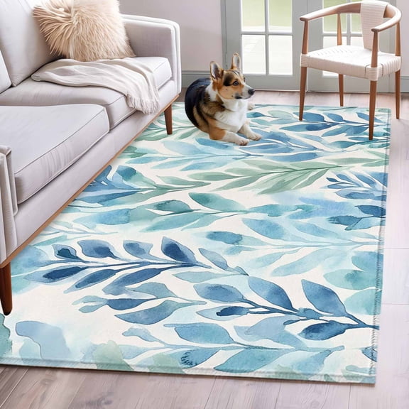 Blue Green Leaf Area Rug 3x5 Washable Rug Non Slip Summer Vintage Watercolor Plant Large Area Rug Indoor Floor Carpet for Entryway Bedroom Kitchen Living Room Home Office Dining Room Nursery