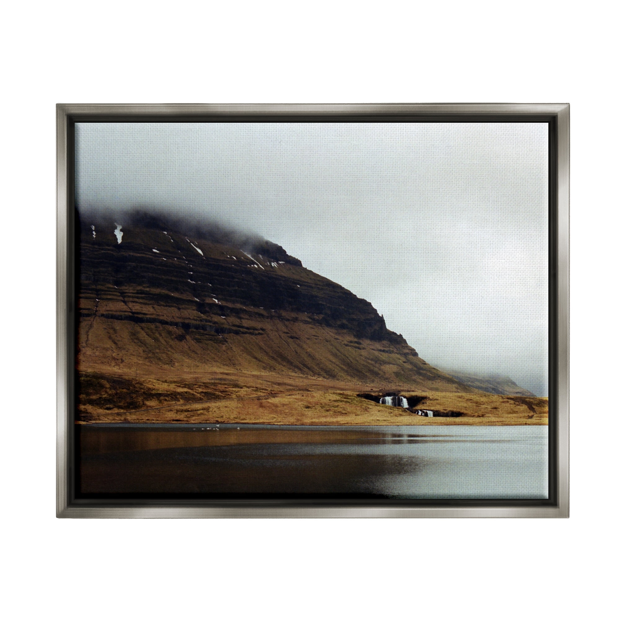 Stupell Industries Lake Side Cliffs Looming Fog Plateau Landscape Photograph Luster Gray Floating Framed Canvas Print Wall Art, Design by Lynann Colligan