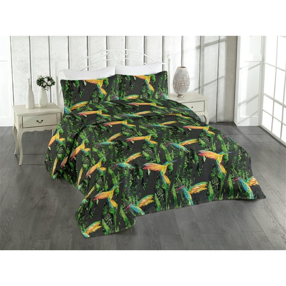 Ambesonne Birds and Nature Quilted Bedspread Set 3 Pcs, Art Hummingbirds, King, Fern Green Vermilion