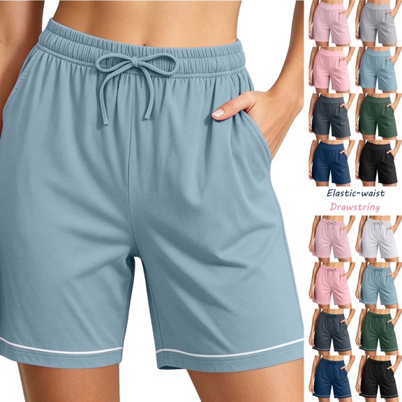 Pajama Pants Dqueduo Women's Solid Color High Waisted Plus Size Loungewear Shorts With Pockets Elastic Drawstring Waistband Sleepwear Light Blue XL