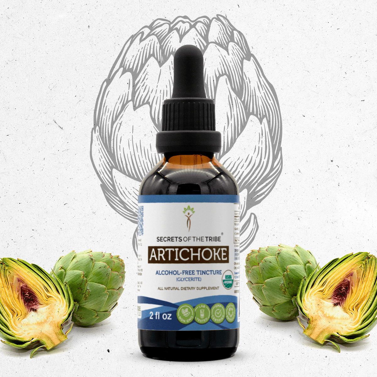 Secrets Of The Tribe Artichoke Organic Tincture Dietary Supplement, Natural Herbal Extract for Liver Support, Certified Organic Artichoke (Cynara scolymus) Dried Leaf, Alcohol-Free Extract, Drops 2oz