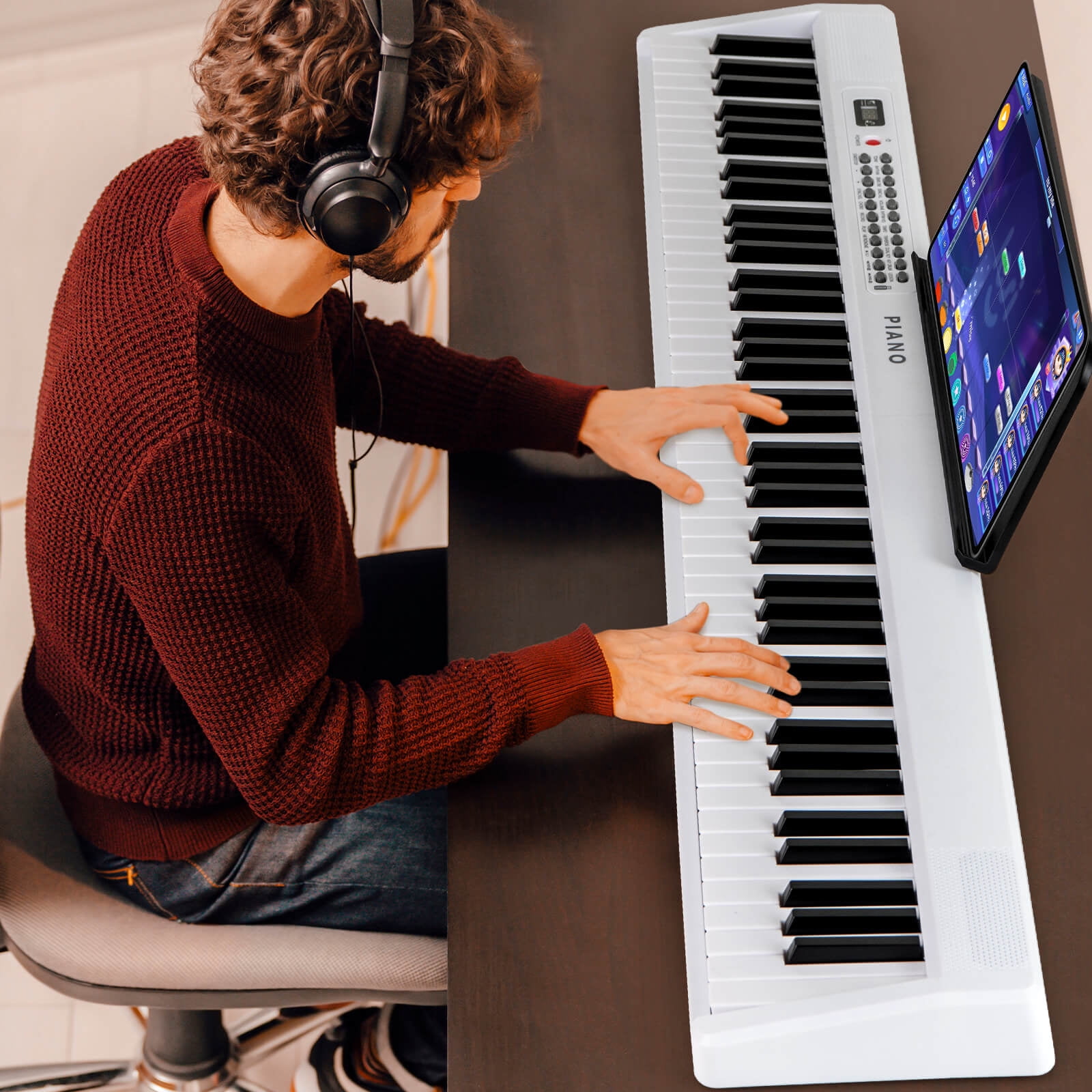 Costway 88 Key Folding Piano Keyboard with Wireless MIDI Dual Speakers 1000 Timbres White