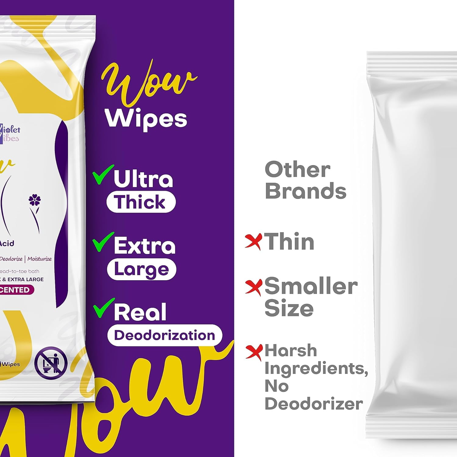 Violet Vibes Rinse-Free Body Wipes for Women, XL Post Workout Wipes, Aloe Scent, Moisturizing Shower Wipe, 20 count, 2 pack