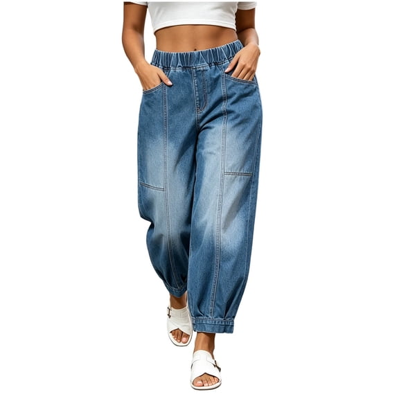 UKHCCC Women's Cotton Denim Jogger Jeans Relaxed Fit High Cropped Elastic Waist Pockets Casual Streetwear Straight Leg Summer XXS-L