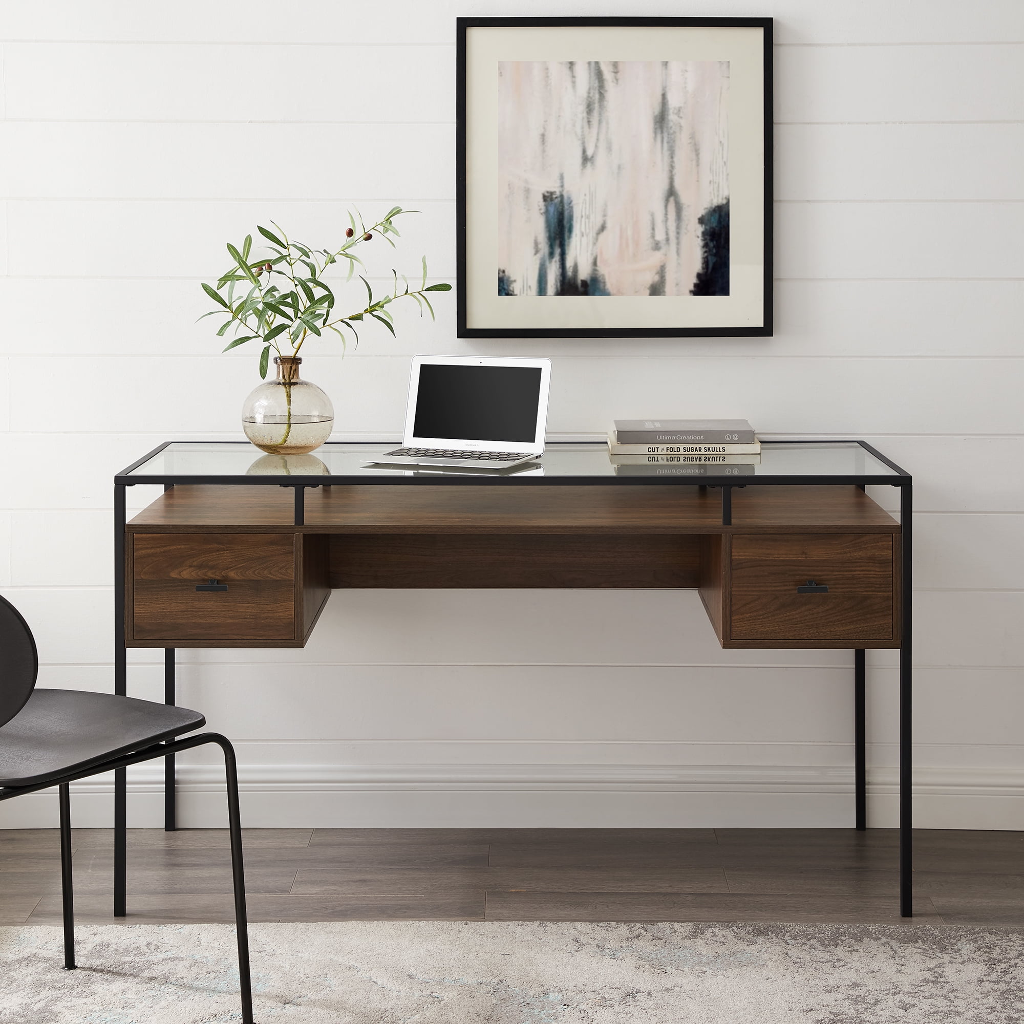 Walker Edison Carlisle Dark Walnut 2-Drawer Glass Top Writing Desk