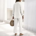 thumbnail image 5 of Bbyeadc Two Piece Linen Sets for Women Long Sleeve Collared Button Down Shirt Drawstring Wide Leg Pants Everyday Travel Sets,White (L), 5 of 5