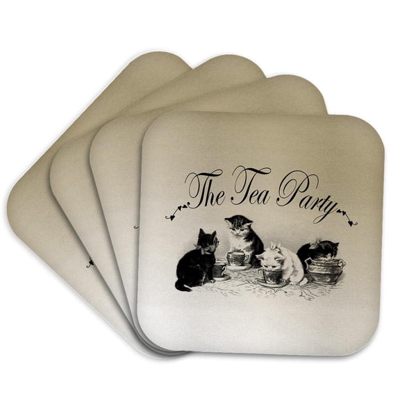 3drose, Tea Party Kittens- Cute Animal Art- Cats, Set of 4 Coasters - Cork