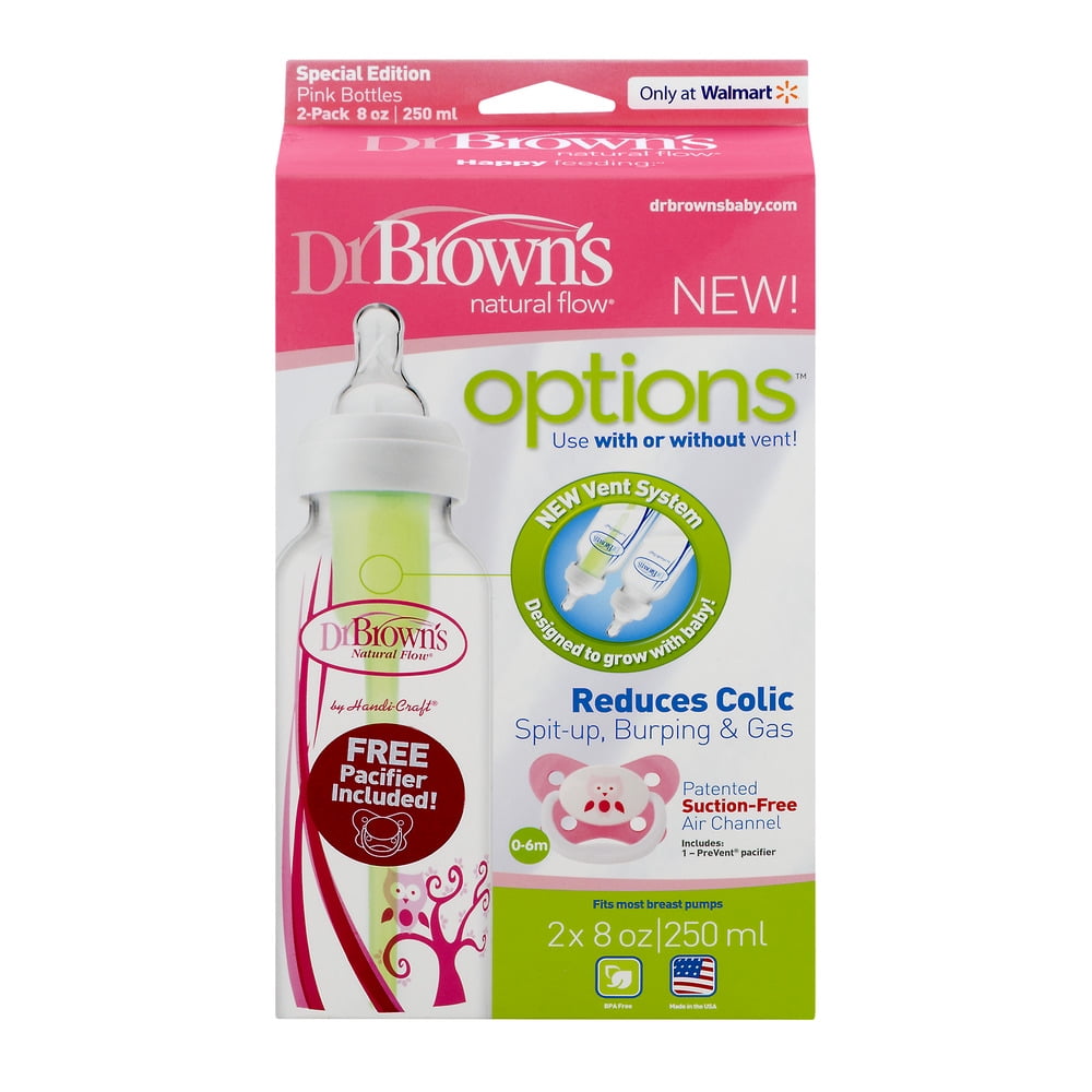 Dr. Brown's Narrow Options+ Baby Bottle & Pacifiers Set, Pink Owl, 8 oz