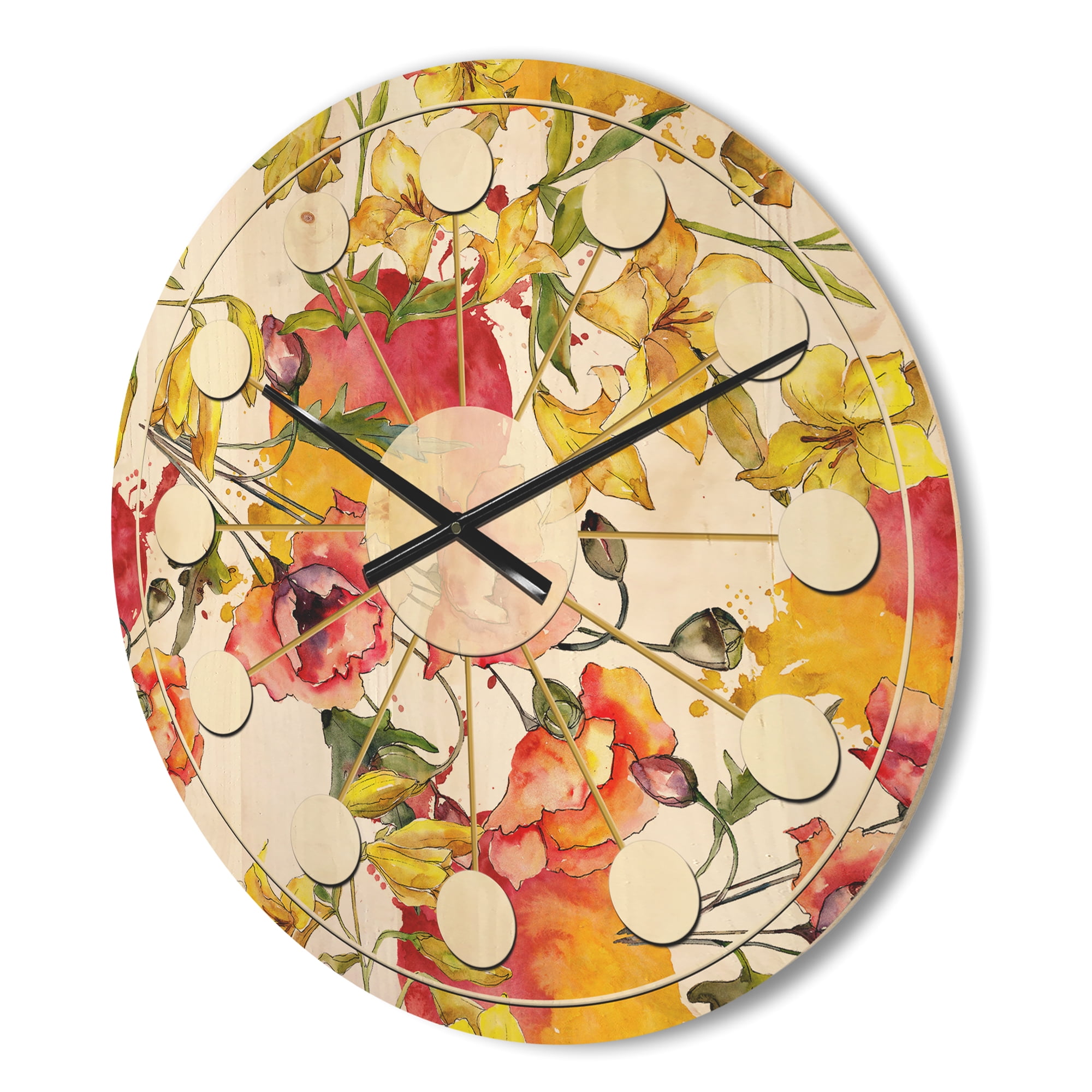 Designart 'Retro Abstract Poppies IV' Mid-Century Modern Wood Wall Clock