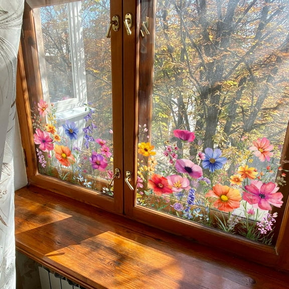Colorful Flower Window Clings Purple Floral Bouquet Window Stickers Double-Sided Spring Garden Wildflower Window Cling Butterfly Glass Decals for Bird Windows Strike Prevention (11.8 * 23.6inch)