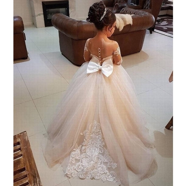 Cute Flower Girl Dresses for Wedding Big Bow Appliques Long Little Pageant Gowns Girls White Tulle First Communion GownsChild-4 Gao Jinjia LED