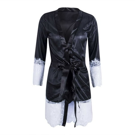 

Women Silk Lace Stitching Robe Long Sleeve Kimono Cardigan Deep V Neck Satin Sexy Lingerie Nightwear
