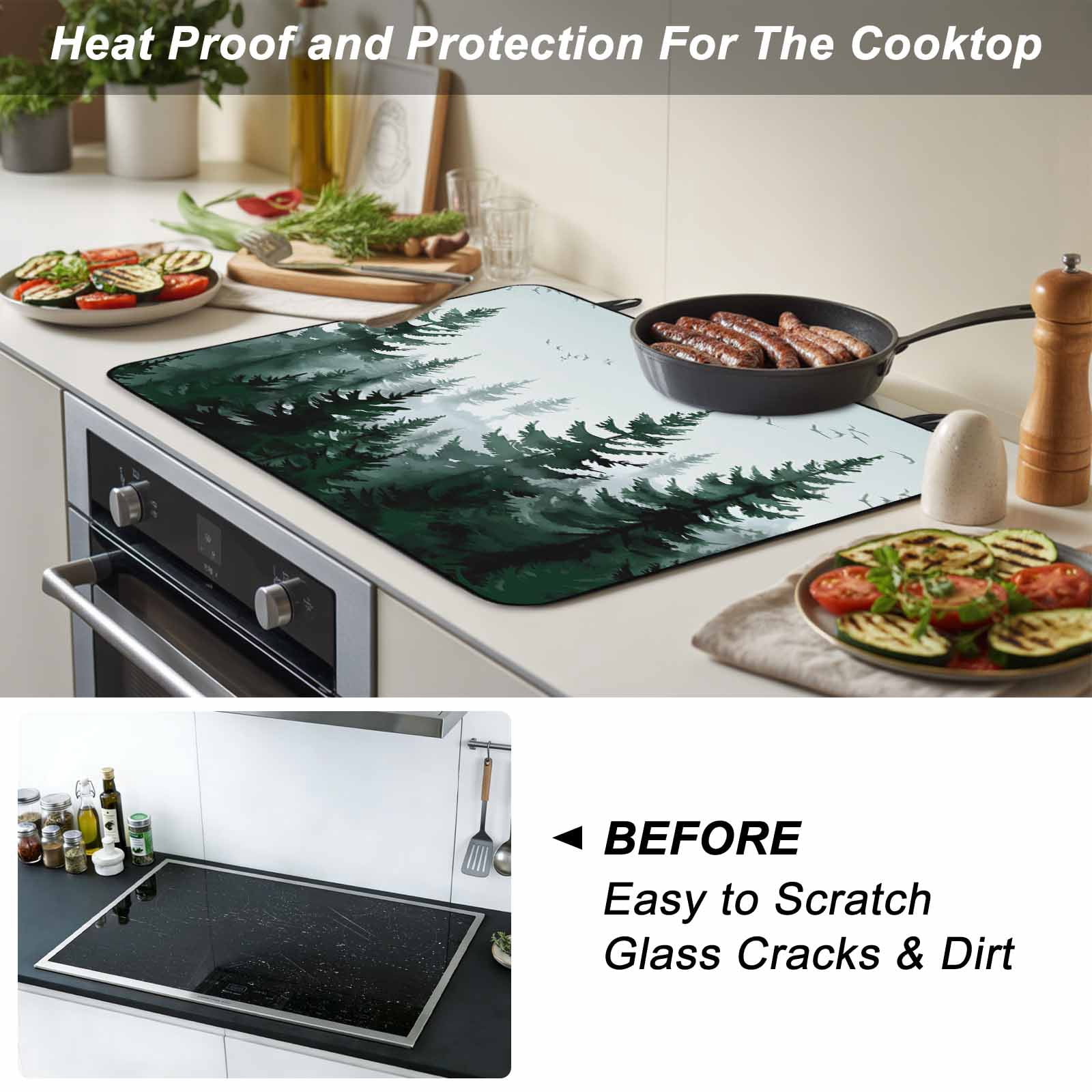 Green Mist Forest Stove Top Cover for Electric Stove, Heat-proof & Non Slip Glass Top Stove Cover Protector, Farmhouse Trees Nature Landscape Kitchen Flat Cooktop Rubber Mat 24x21 Inches
