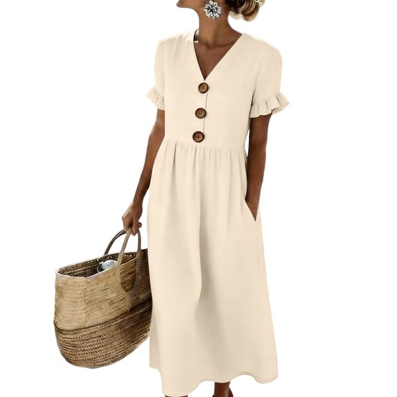 Women's Summer V Neck Midi Dress with Pockets, Casual Ruffle Short Sleeve Cotton Linen Texture Dress, Large Button Decor Sundress