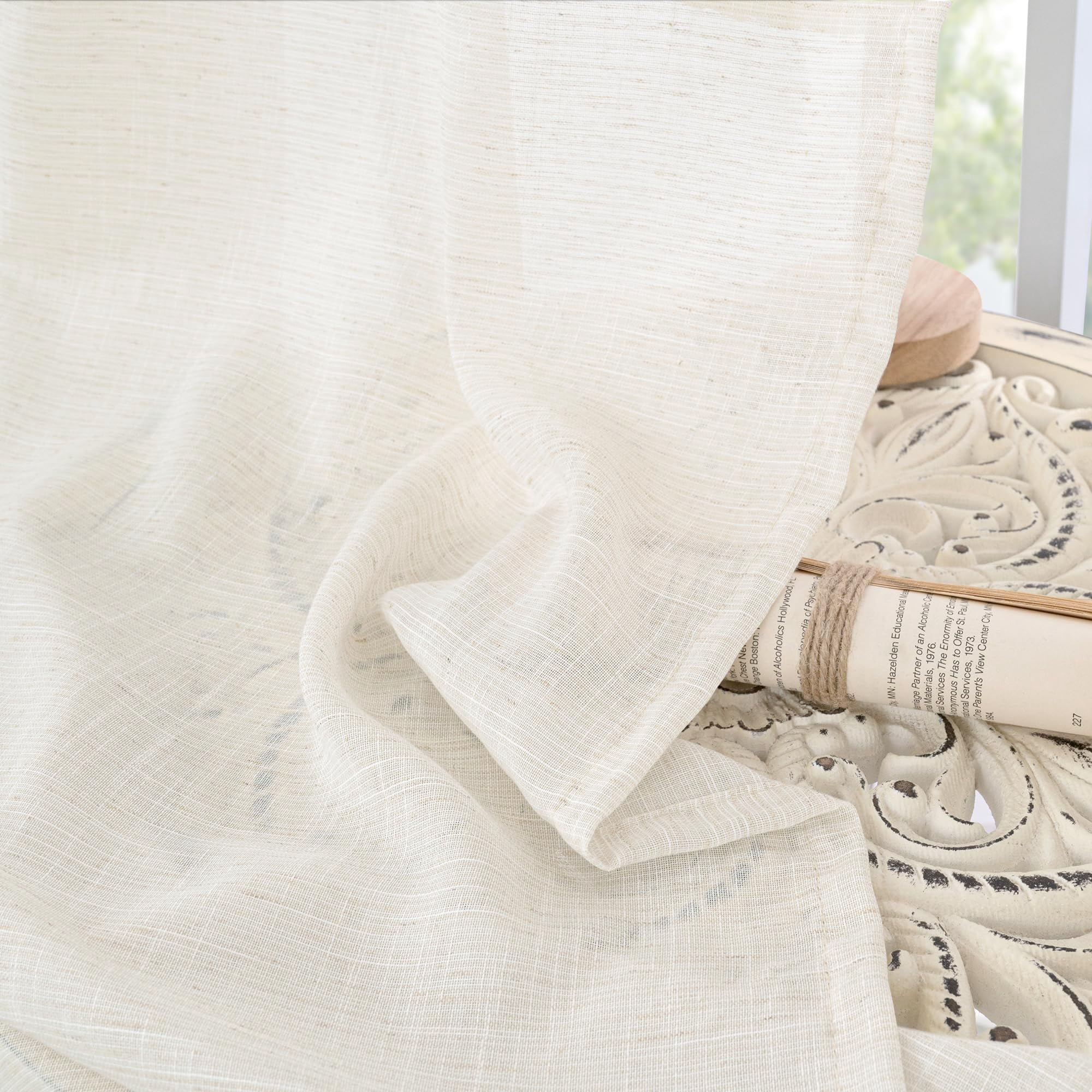 Linen Sheer Curtains 96 Inches Long For Bedroom  Natural Drapes Lightweight Living Room Dining Decor Floor Length Rustic With Rod Pocket Light Filtering 2 Panels Set 52 X 96 Inch