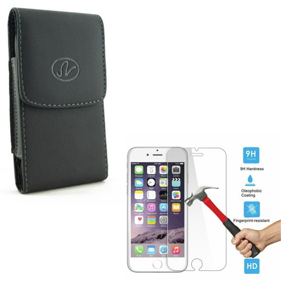 Compatible With iPhone 8 7 6S 6 - Black Vertical Leather Phone Case w Ballistic Tempered Glass Screen Protector 9H Hardness HD Clear