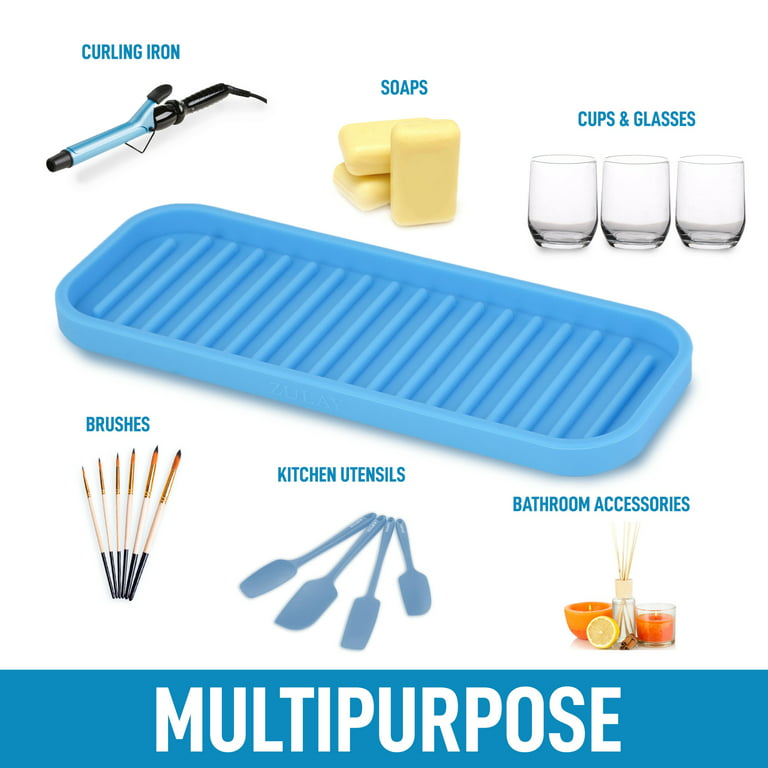Zulay Kitchen 9x3.5 Silicone Sponge Holder for Kitchen Sink Table Mount -  Flexible Tray - Light Blue