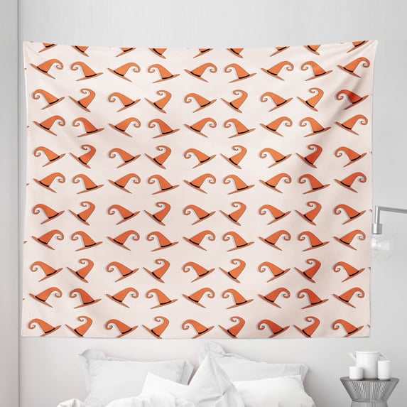 Fall Colors Tapestry, Swirly Witch Hats Cartoon Repetitive Pattern Halloween Theme, Fabric Wall Hanging Decor for Bedroom Living Room Dorm, 5 Sizes, Pale Peach and Burnt Sienna, by Ambesonne