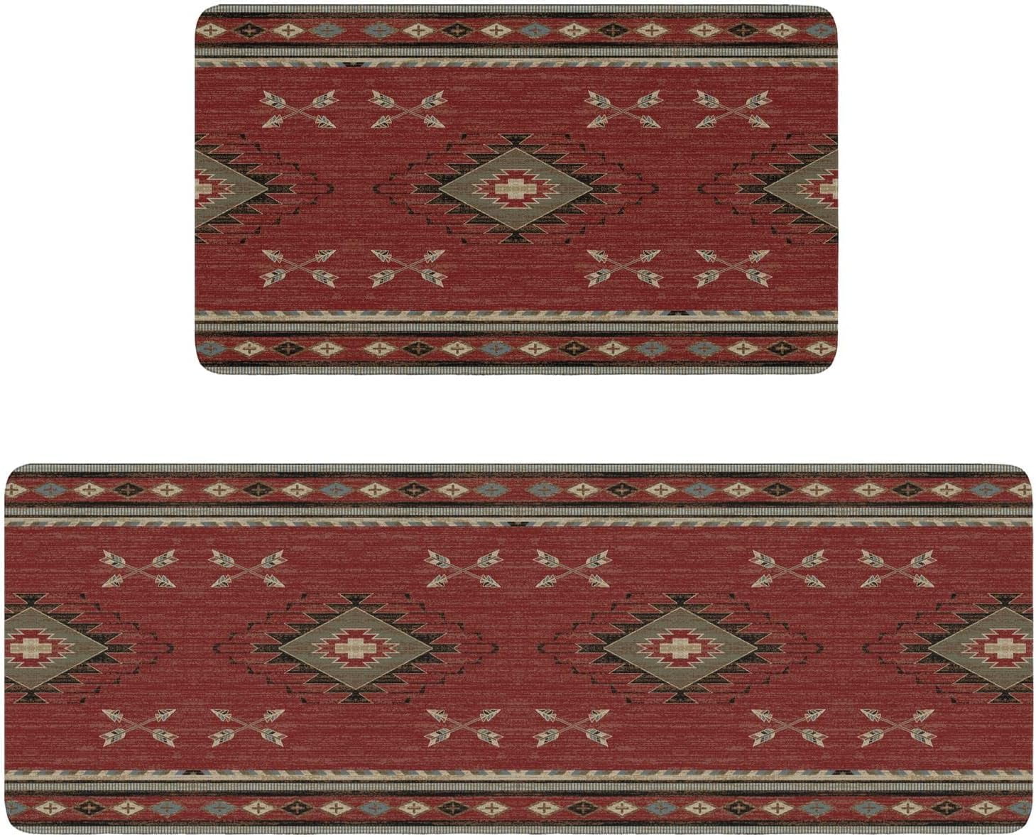 Red Western Kitchen Rugs and Mats Set of 2,Farmhouse Boho Style Rustic Kitchen Mat for Floor