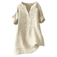 thumbnail image 4 of WTXUE Floral Embroidered Cotton Linen Shirts for Women 3/4 Sleeve V Neck Button Gauze Boho Tops Casual Lightweight Blouses Tunic Linen Top Teacher Loose Tunics Cotton Linen Tops Beige L, 4 of 9