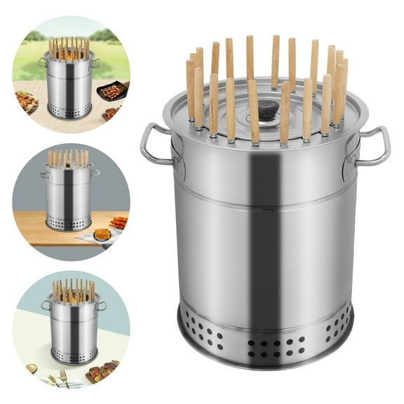 Small Portable Barbecue Charcoal Barrel Grill, 360° Smokeless Outdoor BBQ Charcoal Grill with 20 Skewers, Stainless Steel Charcoal Stove for Picnic Patio Backyard, Diameter 10.2 inch