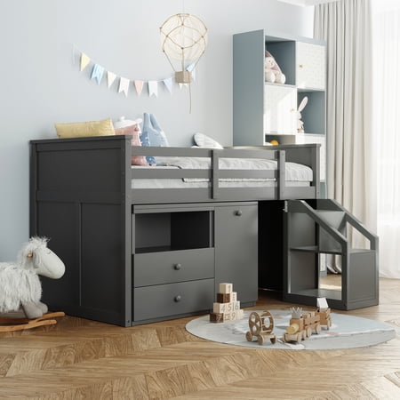 CLEARANCE! Loft Bed Low Study Twin Size Loft Bed With Storage Steps and Portable Desk Gray