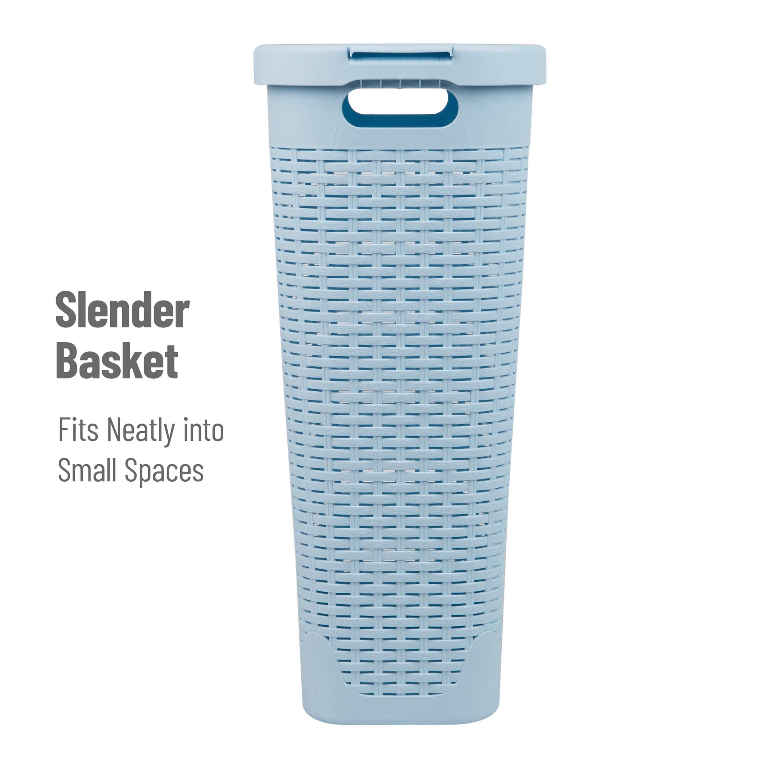 Mind Reader 40L Slim Laundry Hamper, Clothes Basket, Lid, Wicker Design, Plastic, Baby Blue